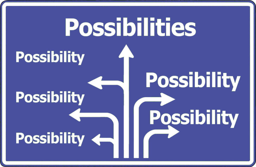 Schild mit Richtungspfeilen, welche das Wort Possibility anzeigt